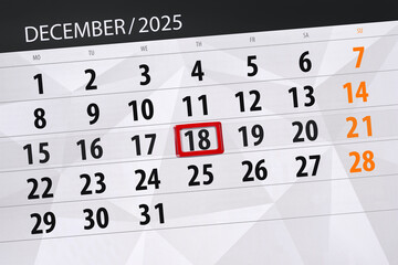 Calendar 2025, deadline, day, month, page, organizer, date, December, thursday, number 18