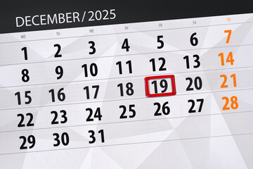 Calendar 2025, deadline, day, month, page, organizer, date, December, friday, number 19