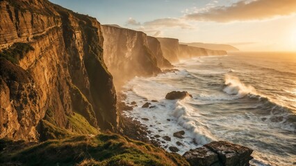 Explore the rugged coastline cliffs and crashing waves at sunset landscape