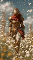 Golden Knight Walking Through Flower Fields, Capturing the Balance Between Strength and Beauty in Nature