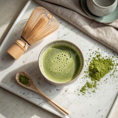 Matcha tea preparation with whisk and powder, healthy drink on marble tray