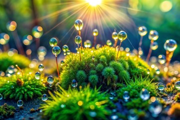 Macro photography of moss with water droplets and sunlight nature background