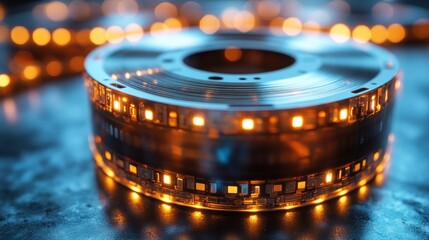Metallic film reel, glowing lights
