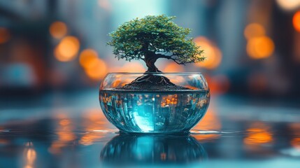 Miniature bonsai tree in a glass bowl, city lights bokeh