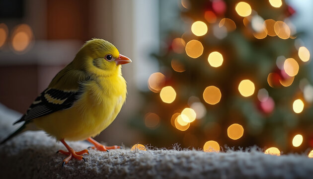 Yellow bird sitting on a windowsill with a Christmas tree background   - Powered by Adobe