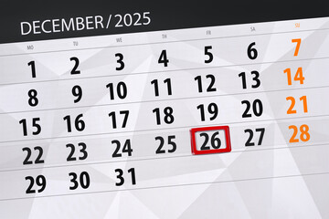 Calendar 2025, deadline, day, month, page, organizer, date, December, friday, number 26