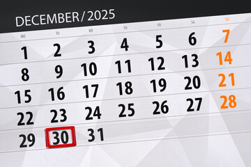 Calendar 2025, deadline, day, month, page, organizer, date, December, tuesday, number 30