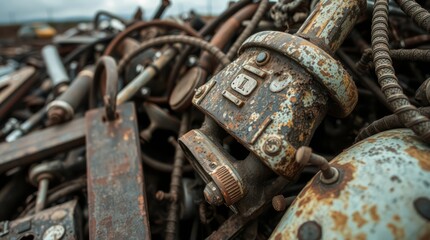 Rust Belt relics: A close-up showcases a pile of weathered metal objects, each bearing the marks of time and industrial use. A testament to past craftsmanship and the passage of time.