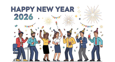 Obraz premium Office workers celebrate the New Year 2026 with confetti, drinks, and fireworks in a festive atmosphere.