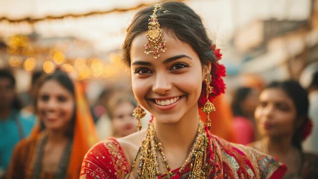 Beautiful Indian woman with traditional jewelry and saree smiling at a festive event
