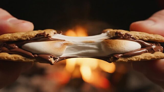 Hands pulling apart a warm melted chocolate and marshmallow smore.