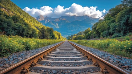 Fototapeta premium Mountain railroad tracks, lush landscape