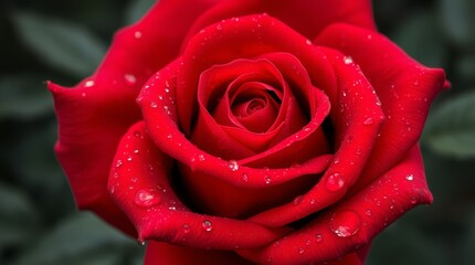 Crimson Rose: A close-up view unveils the intricate beauty of a vibrant red rose, its velvety petals adorned with delicate droplets.