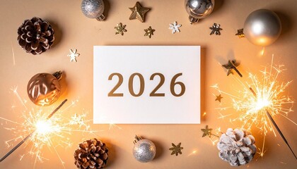 Festive flat lay with gold ‘2026’ card, pinecones, ornaments, stars, and sparklers on beige background.