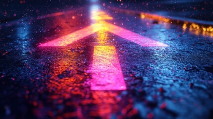 Neon arrow on wet road at night