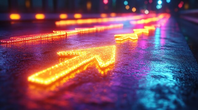 Neon arrows guide a wet city street at night