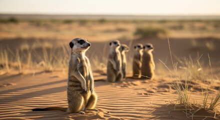 Alert Meerkat Sentry Standing Guard with Family Group in the Arid Kalahari Desert