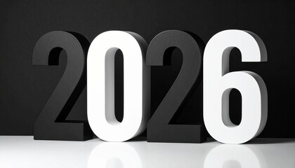 Large white 2026 numerals with small human figure on gradient gray background for modern New Year concept.