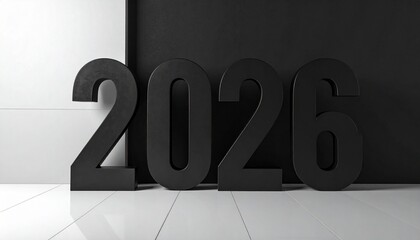Large white 2026 numerals with small human figure on gradient gray background for modern New Year concept.