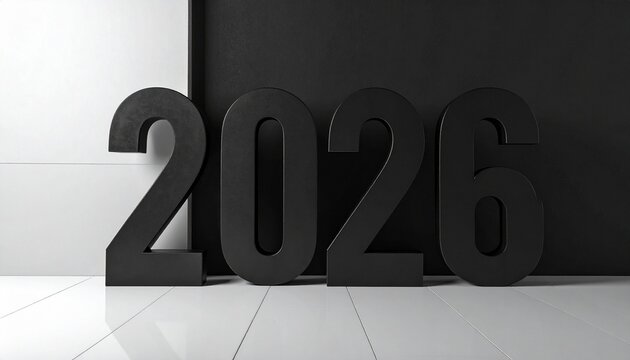 Large white 2026 numerals with small human figure on gradient gray background for modern New Year concept.