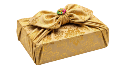 Golden fabric wrapped gift with bow transparent background cutout png