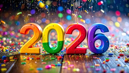 Colorful 2026 numerals with falling confetti and reflective surface for festive New Year celebration.
