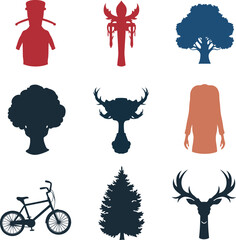 Miscellaneous silhouette vector collection featuring bicycle, trees, deer antlers, and abstract character shapes in various colors for graphic design and conceptual artwork.
