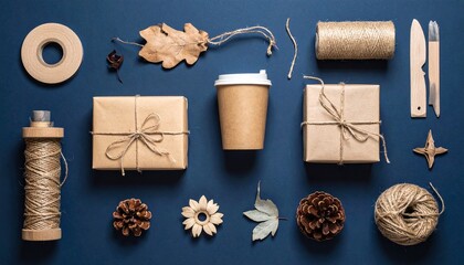 Eco-friendly wooden and cardboard items arranged on blue background