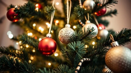 Christmas baubles adorn a decorated fir tree. The tree sparkles with warm, soft lighting, and colorful decorations create a festive atmosphere, celebrating the holidays.
