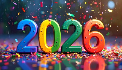 Colorful 2026 numerals with falling confetti and reflective surface for festive New Year celebration.