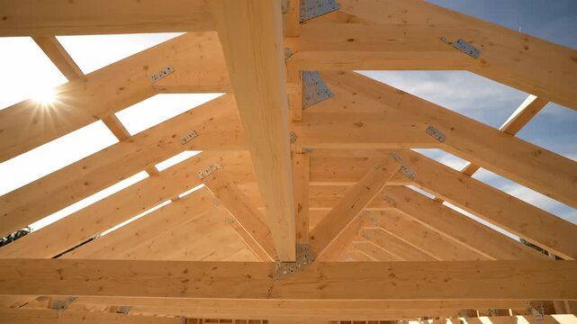 Wooden Roof Structure Construction with Natural Light.