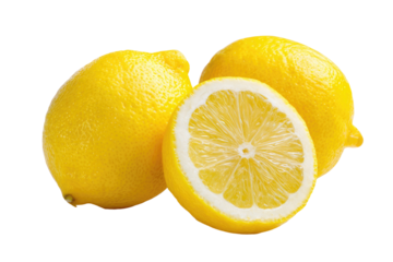 Three bright yellow lemons, one halved, dark background