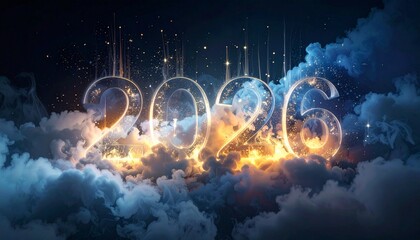 lluminated 2026 digits with glowing bulbs, fireworks, and smoke on dark background for dramatic New Year celebration.