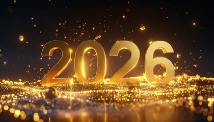 Golden 2026 numerals with glowing particles and shimmering lights on dark background for festive New Year design.