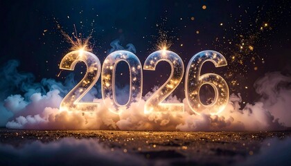 lluminated 2026 digits with glowing bulbs, fireworks, and smoke on dark background for dramatic New Year celebration.