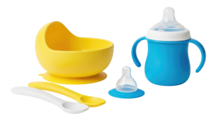 Baby feeding set with yellow bowl blue bottle and spoons transparent background cutout png