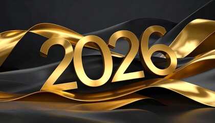 Gold 2026 numerals with flowing black and gold ribbons on dark background 