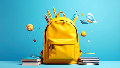 Yellow backpack with books, pencils, and rocket launch on blue background