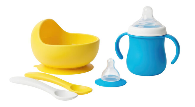 Baby feeding set with yellow bowl blue bottle and spoons transparent background cutout png