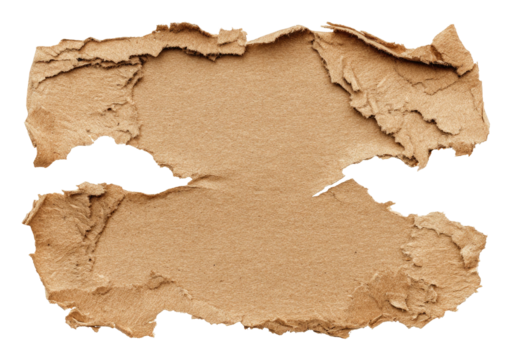 Torn, tan paper fragment with rough edges on black