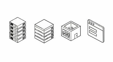 A set of isometric line art icons depicting data servers, hosting racks, and a web login form for technology and network concepts