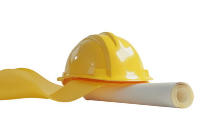 A yellow hard hat rests atop a rolled blueprint, isolated on transparent background, symbolizing construction, planning, and safety in a professional setting