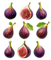 Fototapeta premium Set of fresh fig and halved fig showing its vibrant interior with green leaf isolated on white transparent background