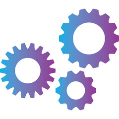 Three interlocking gears in gradient blue and purple colors symbolizing teamwork and mechanical connection on a transparent background