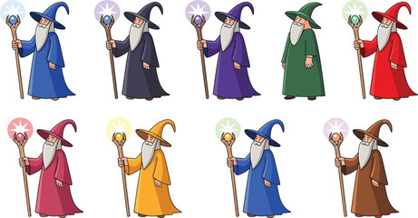 Cartoon wizard character sheet illustration with colorful robes, glowing magic staffs, and fantasy magician designs for game, fairytale, and animation concept