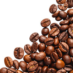 Roasted coffee beans pile, spilling from top corner. Isolated on transparent background