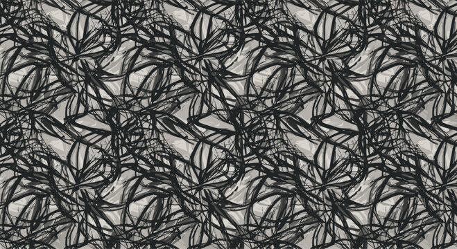 Abstract seamless pattern with dark, expressive brushstrokes creating a tangled, organic design on a neutral background.