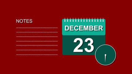 December 23 Calendar cyan color Animation, with Free for Notes and Writing element. Red background 4k video.