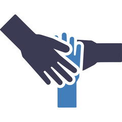 Three hands holding each other with dark blue and blue colors on transparent background symbolizing unity cooperation and support