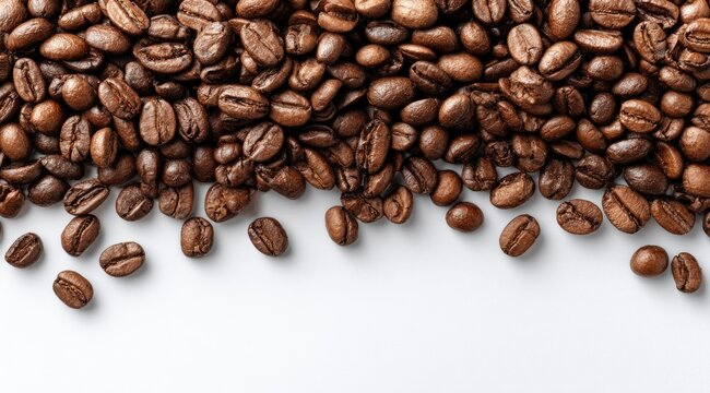 Roasted coffee beans spilling onto a white surface - Powered by Adobe